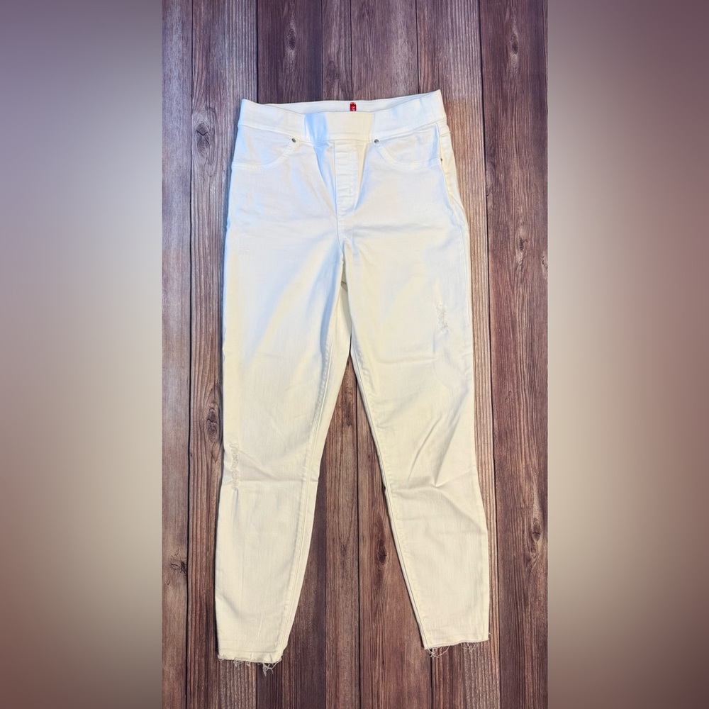 Spanx White Jean Leggings Size-Med  Distressed High Rise Skinny Fray Hem Shaper